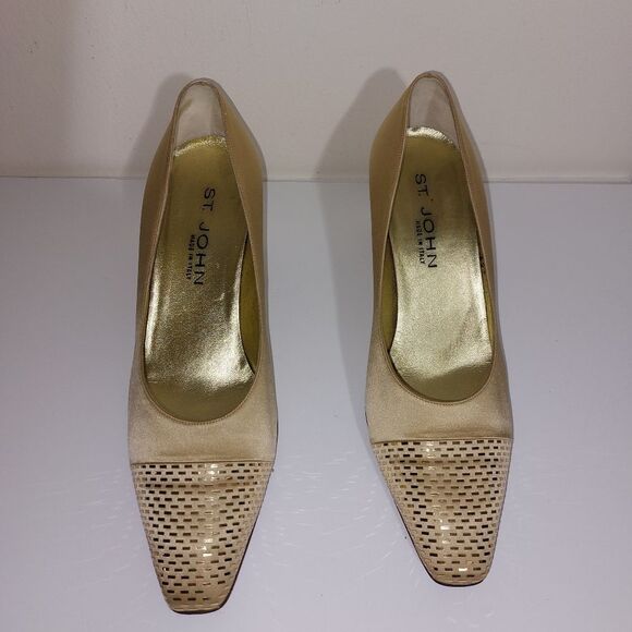 St. John Shoes - St. John Gold Satin Sequin Studded Toe Cap Heel Pumps Made in Italy Vintage SZ 8